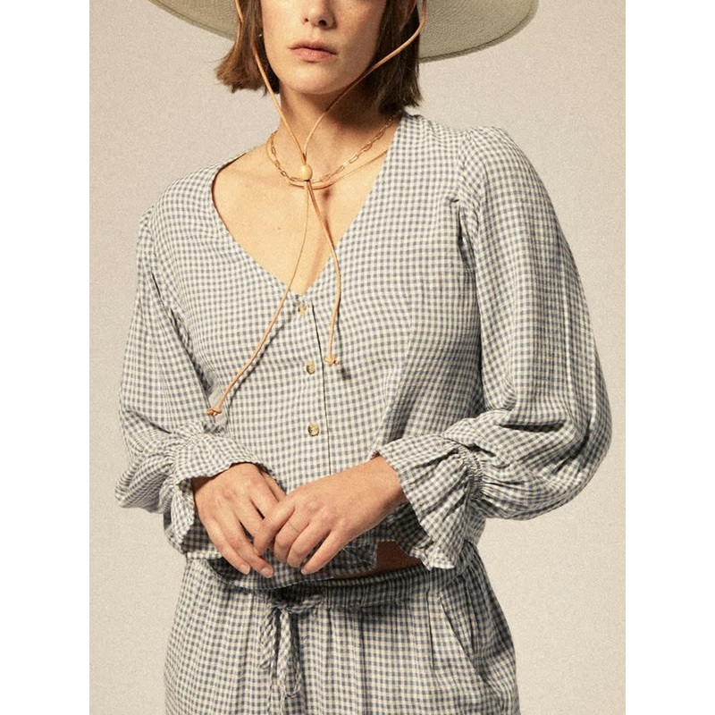 The Meadow Blouse Top|XS|SM|MED|LRG|AZURE BLUE GINGHAM|OFF WHITE