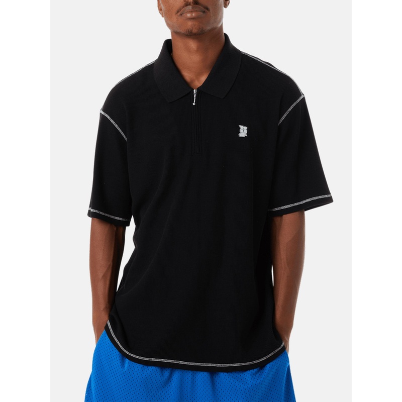 Waffle Knit Contrast Polo|MED|LRG|BLACK