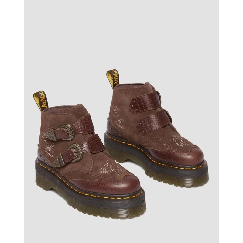Dr Martens Devon Suede Quad – Dark Brown Classic Pull Up Reptile Emboss & Dark Brown E.H