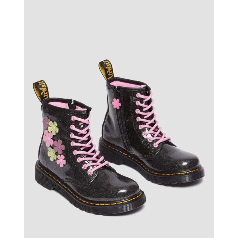 Dr Martens Junior 1460 – Black Coated Glitter Pu & Mauve Athena & Fondant Pink Athena